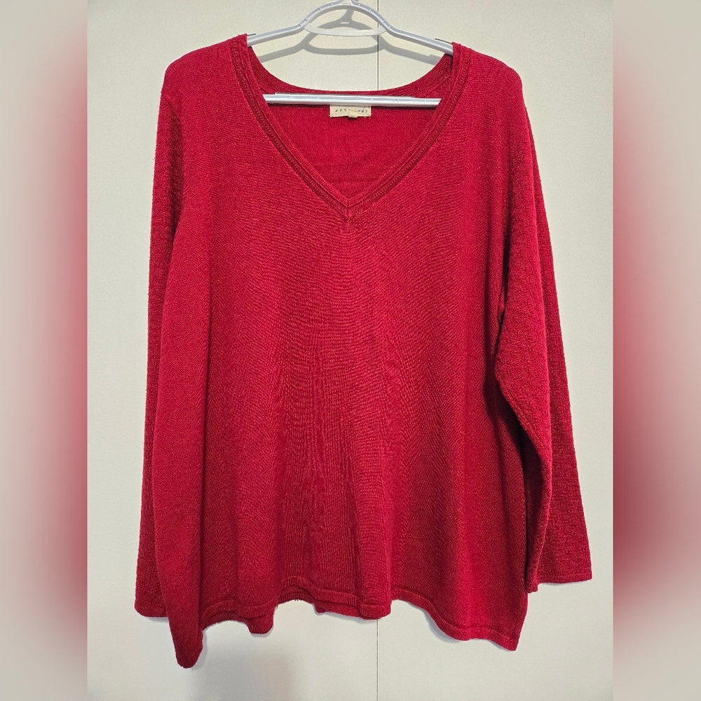Retrology‎ Women's Red Cozy V-Neck Sweater with Textured Sleeves Size 2X